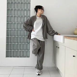Set: Drawstring Hem Jacket + Band-waist Pants