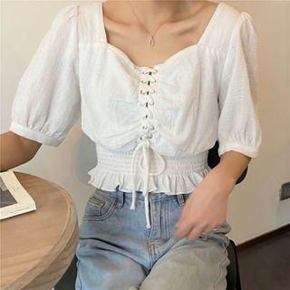 Lace-up V-neck Short-sleeve Top White - One Size