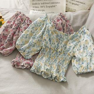 Off-shoulder Smocked-waist Floral Crop Top