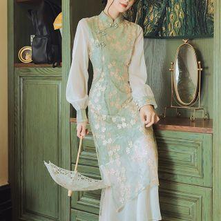 Long-sleeve Floral Embroidered Mesh Midi Sheath Dress