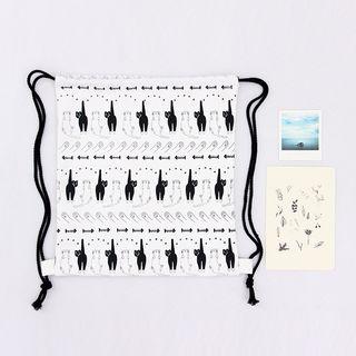 Drawstring Cat-printed Canvas Shopper Bag