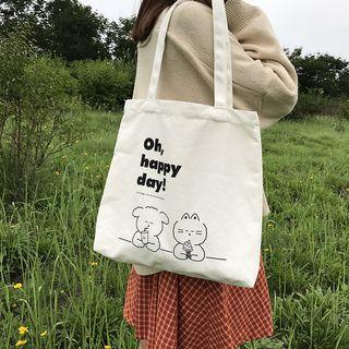 Cartoon-print Canvas Tote Bag White - One Size