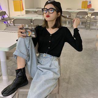 Long-sleeve Buttoned Ribbed T-shirt