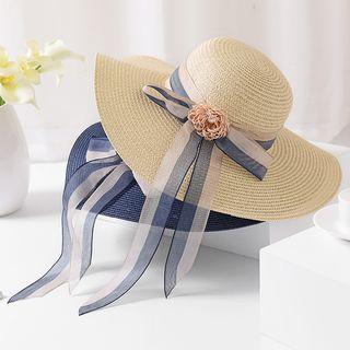 Flower Detail Bow Accent Boater Hat