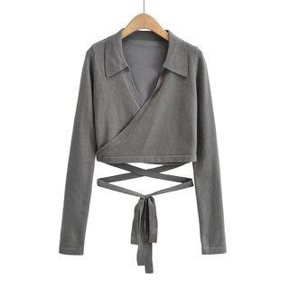 Long-sleeve Lace Up Collared Knit Top