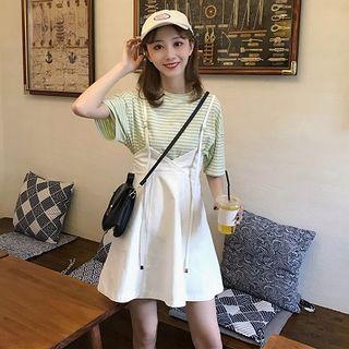 Short-sleeve Striped T-shirt / A-line Jumper Skirt