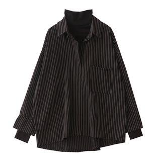 Mock-turtleneck Pinstriped Shirt
