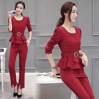Set: Plain Long-sleeve Peplum Top + Slit Pants
