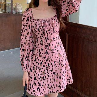 Puff-sleeve Leopard Print A-line Dress Pink - One Size