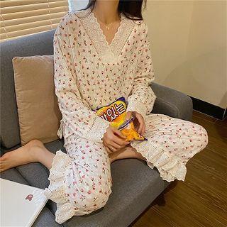 Set:floral V-neck Long-sleeve Top + High-waist Pants