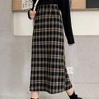 High-waist Plaid Slit A-line Woolen Midi Skirt