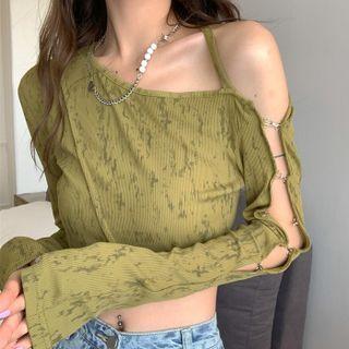 Long-sleeve Cutout Crop Top Green - One Size