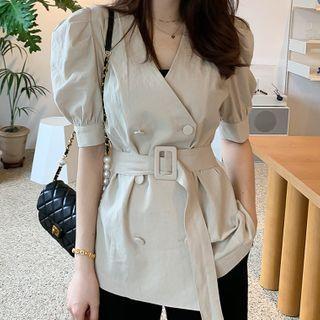 Short-sleeve Double Breasted V-neck Top