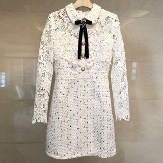 Long-sleeve Lace Panel Mini Tweed Dress