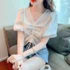 Puff-sleeve Rhinestone Drawstring Blouse