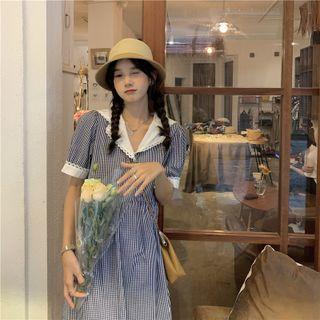 Short-sleeve Gingham Midi A-line Dress Sailor Collar - Gingham - Black & White - One Size