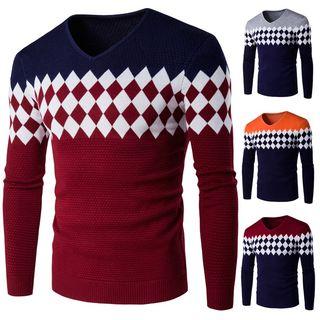 Argyle Patterned Color Panel Sweater