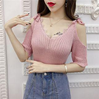 Cold Shoulder Lace Trim Short-sleeve Knit Top