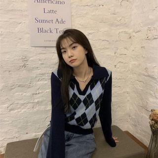 Long-sleeve Polo-neck Plaid Knit Top Navy Blue - One Size