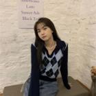 Long-sleeve Polo-neck Plaid Knit Top Navy Blue - One Size