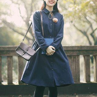 Drawstring Waist Long-sleeve Woolen Dress Navy Blue - One Size