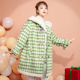 Embroidered Plaid Hooded Long Button Coat