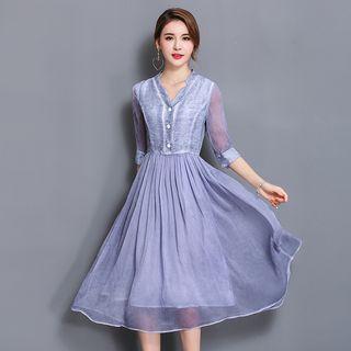 Mesh Panel Elbow Sleeve Midi Dress