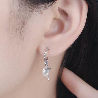Cross & Faux Pearl Dangle Earring 1 Pc - Silver - One Size