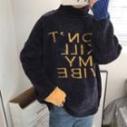 Lettering Color-block Turtle-neck Loose-fit Sweater