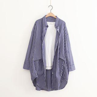 Stand-collar Long-sleeved Loose-fit Striped Long Sheath Dress