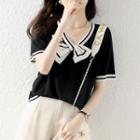 Short-sleeve Contrast Trim Bow Top