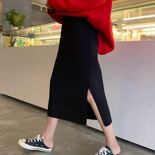 Side Slit Midi Straight-fit Skirt Black - One Size