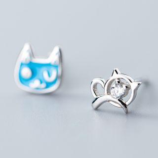 925 Sterling Silver Non-matching Cat Stud Earring As Shown In Figure - One Size