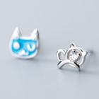 925 Sterling Silver Non-matching Cat Stud Earring As Shown In Figure - One Size