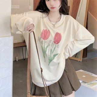 Flower Print Sweatshirt Beige - One Size