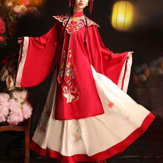 Hanfu Set Of 2 : Embroidered Stand-collar Long-sleeve Long Top + Embroidered Semi-body Maxi Skirt