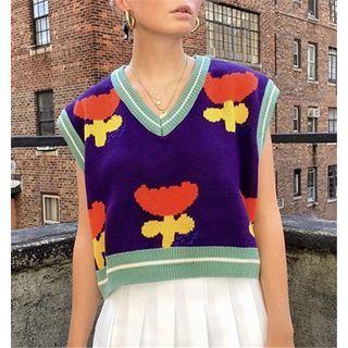 V-neck Contrast-trim Floral Print Loose-fit Knit Vest Purple - One Size