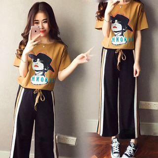 Set: Printed Short Sleeve T-shirt + Drawstring Straight Cut Pants