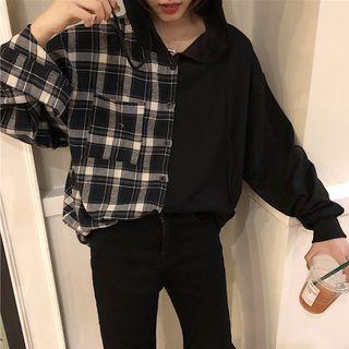 Plaid Panel Hooded Jacket Black - One Size