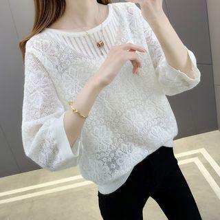Elbow-sleeve Plain Loose Fit Knit Top