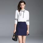 Elbow-sleeve Embroidered Top / Mini Fitted Skirt