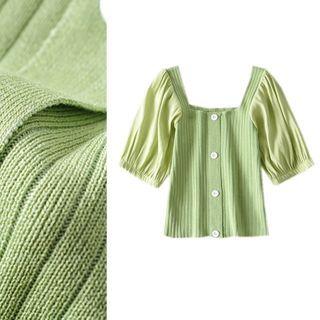 Puff-sleeve Square-neck Cropped Cardigan