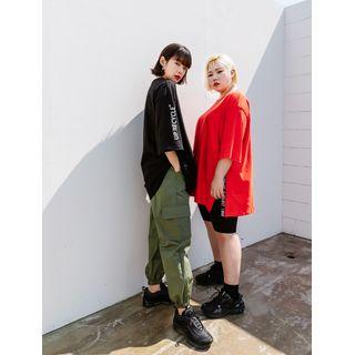 Plus Size Lettered-trim Slit-side Long T-shirt