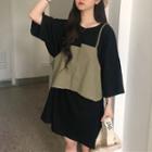 Set: Elbow-sleeve T-shirt Dress + Spaghetti Strap Top