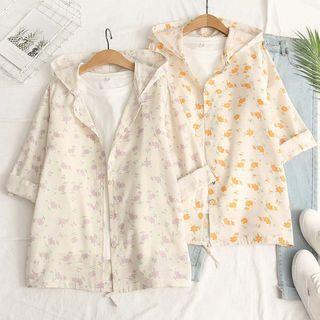 Long-sleeve Floral Single-breasted Hooded Shirt