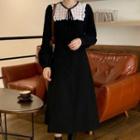 Long-sleeve Lace Panel Midi A-line Dres