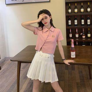 Pleated Mini Skirt / Short-sleeve Embroidered Button-up Top