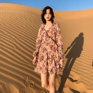 Long-sleeve Floral Print Frill Trim Mini Dress
