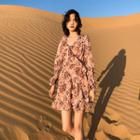 Long-sleeve Floral Print Frill Trim Mini Dress