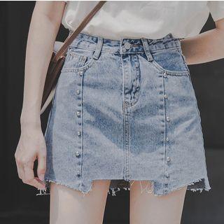 Irregular Hem Studded Mini Denim Skirt